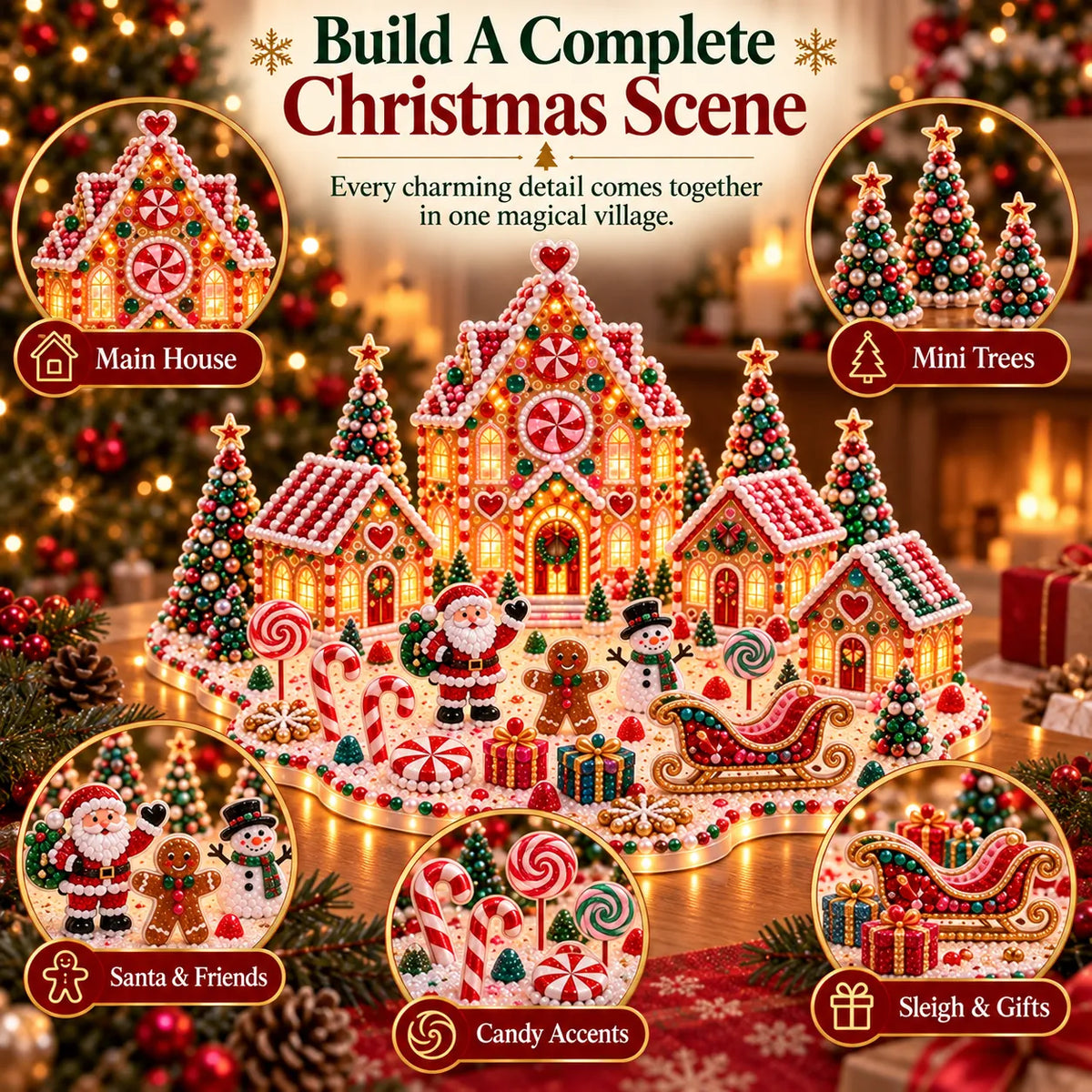 The completed village with four inset close-ups of the main house, the mini trees, the Santa snowman gingerbread group, the candy accents and the sleigh loaded with gift boxes