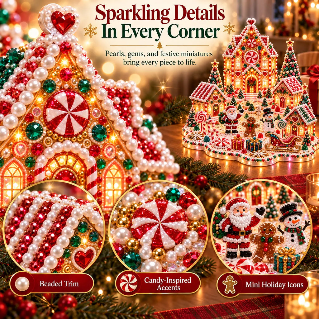 Close-up of the candy-trimmed gable with a heart-shaped red gem at the peak, pearl beaded trim along the roof, emerald and ruby stones set into the walls, plus circular detail shots of beaded trim, a peppermint swirl and the Santa snowman gingerbread group