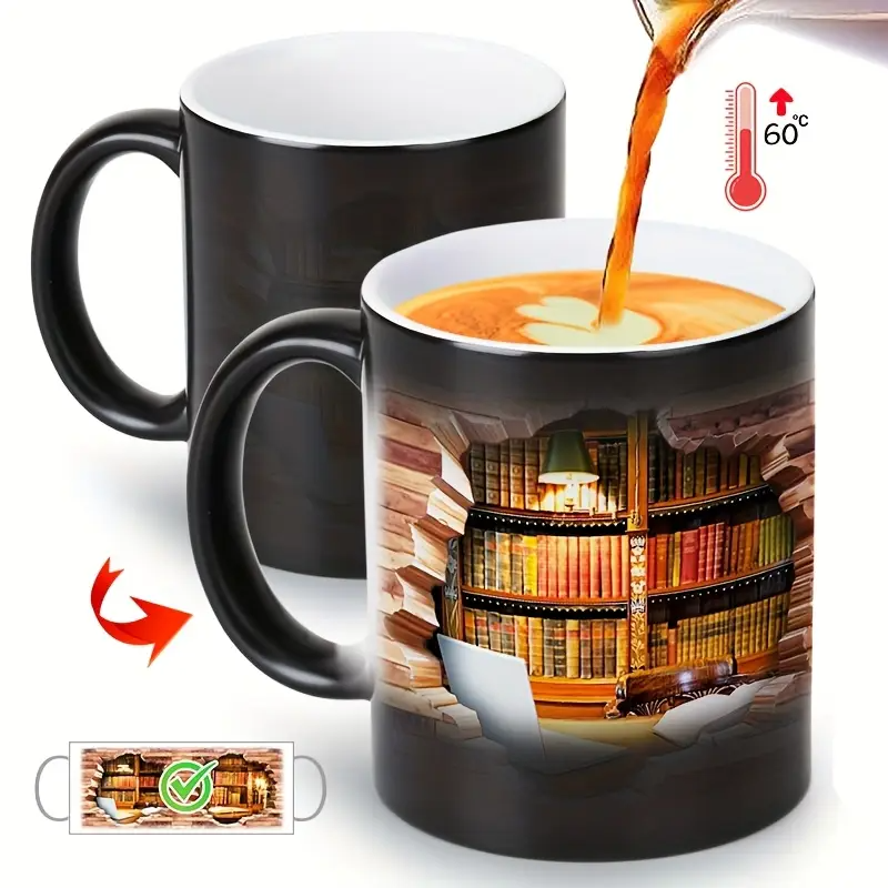 Ceramic Mug with Magical Bookshelf and Heat-Sensitive Effect