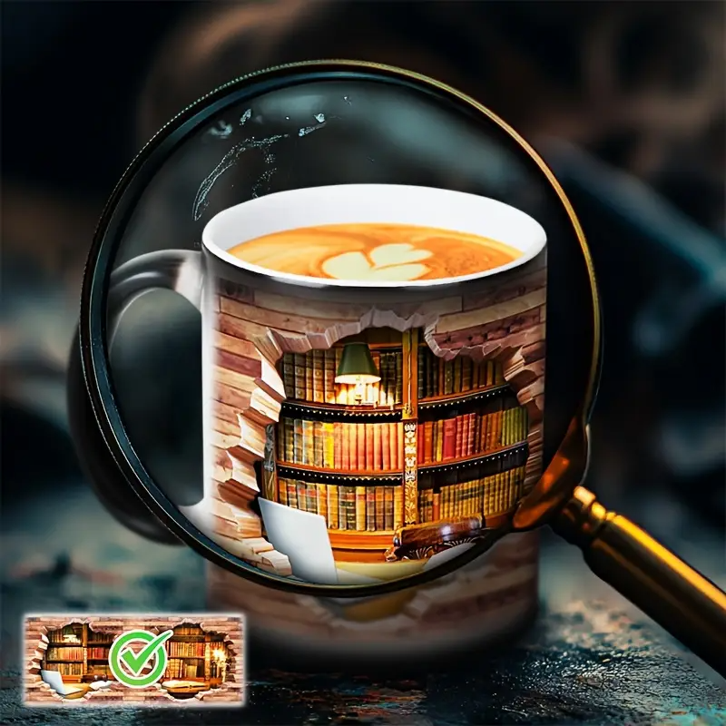 Ceramic Mug with Magical Bookshelf and Heat-Sensitive Effect