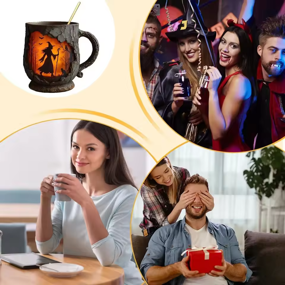 Handmade 3D Halloween Mug – with Witch and Cat Design