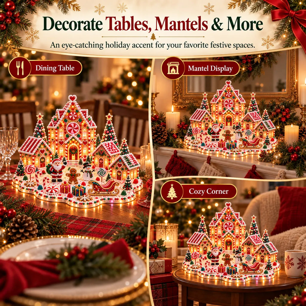 The finished village shown in three settings: on a dining table between place settings, on a mantelpiece between candles and greenery, and on a side table beside a sofa