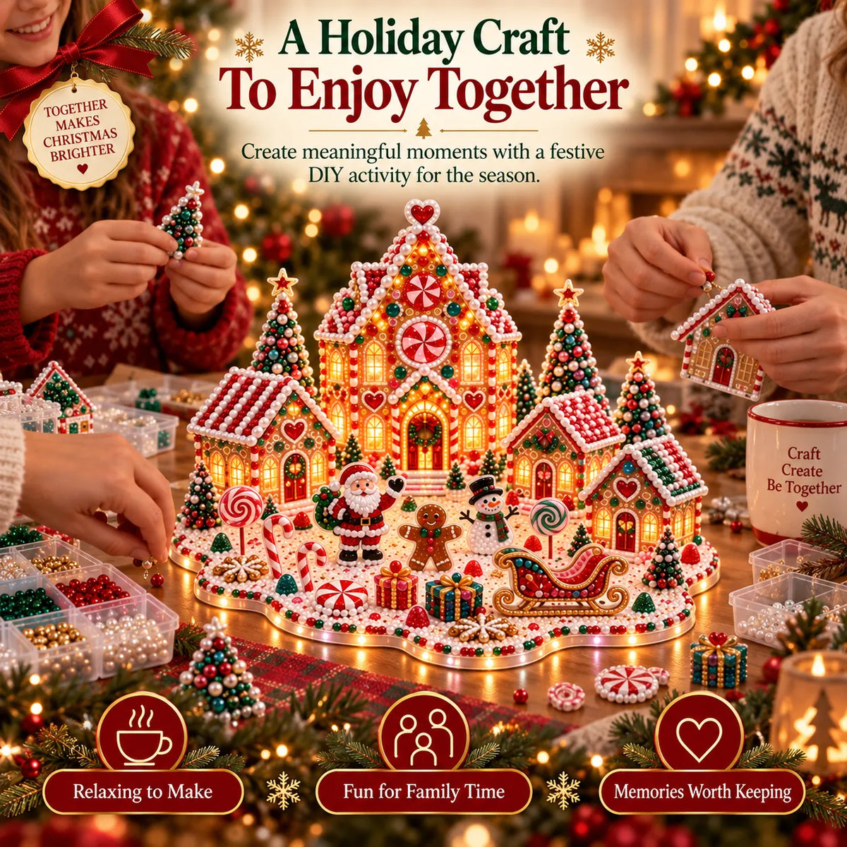 Two people working on the village at a table covered with open bead trays, one holding a finished mini tree and the other setting a small house in place