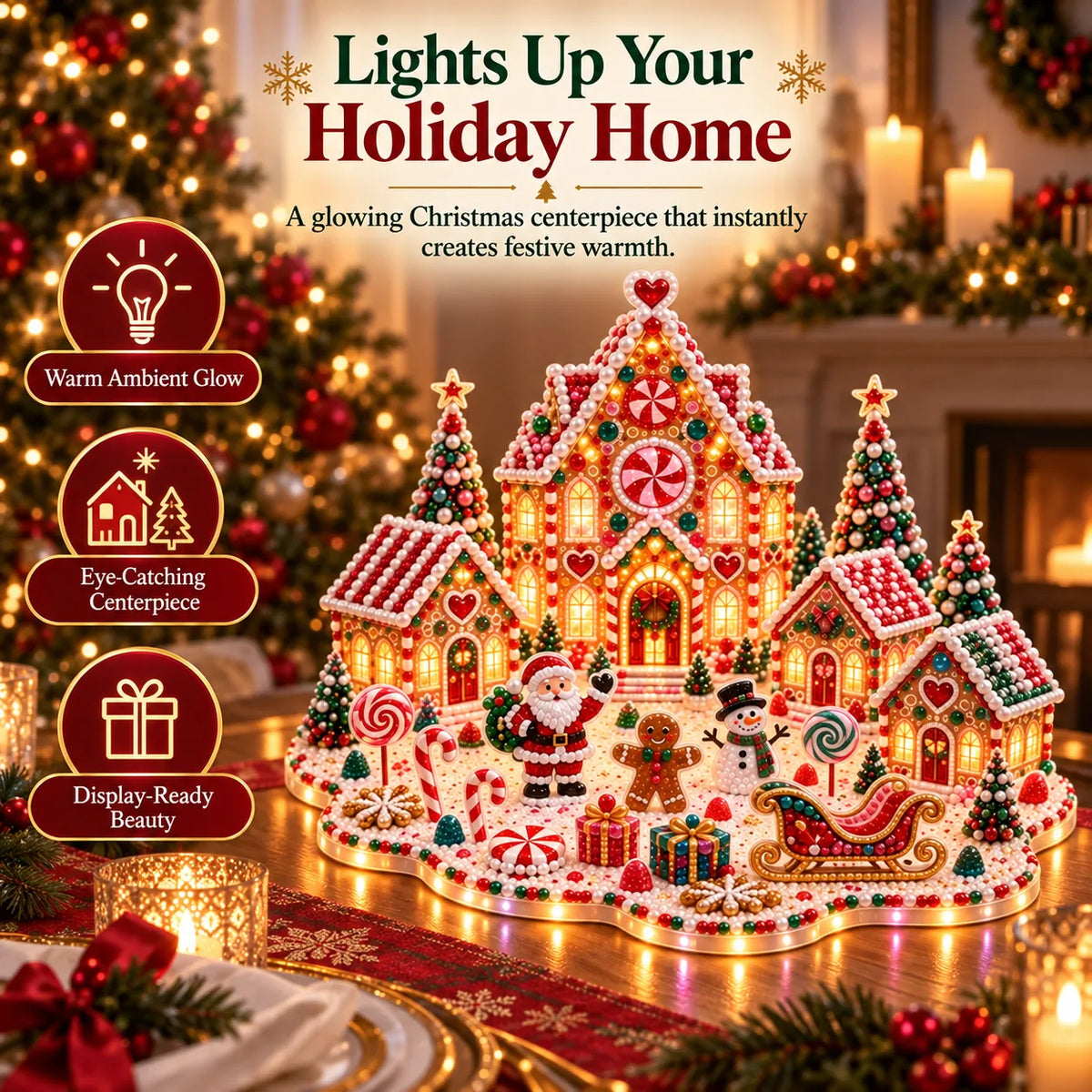 Finished Christmas village gem art scene on a dining table, candy-trimmed main house beside four cottages, snow-dusted pines, Santa, a snowman, a gingerbread man and a sleigh loaded with gifts